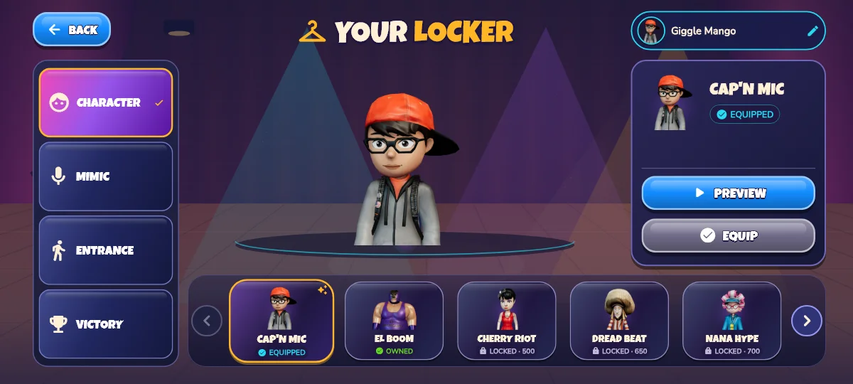Flutter preview of the character customization screen with Cap’n Mic equipped.