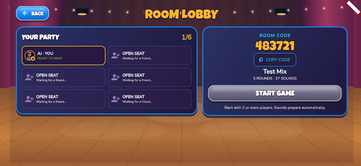 Development preview of a private room lobby. The invitation and pack content are test examples.