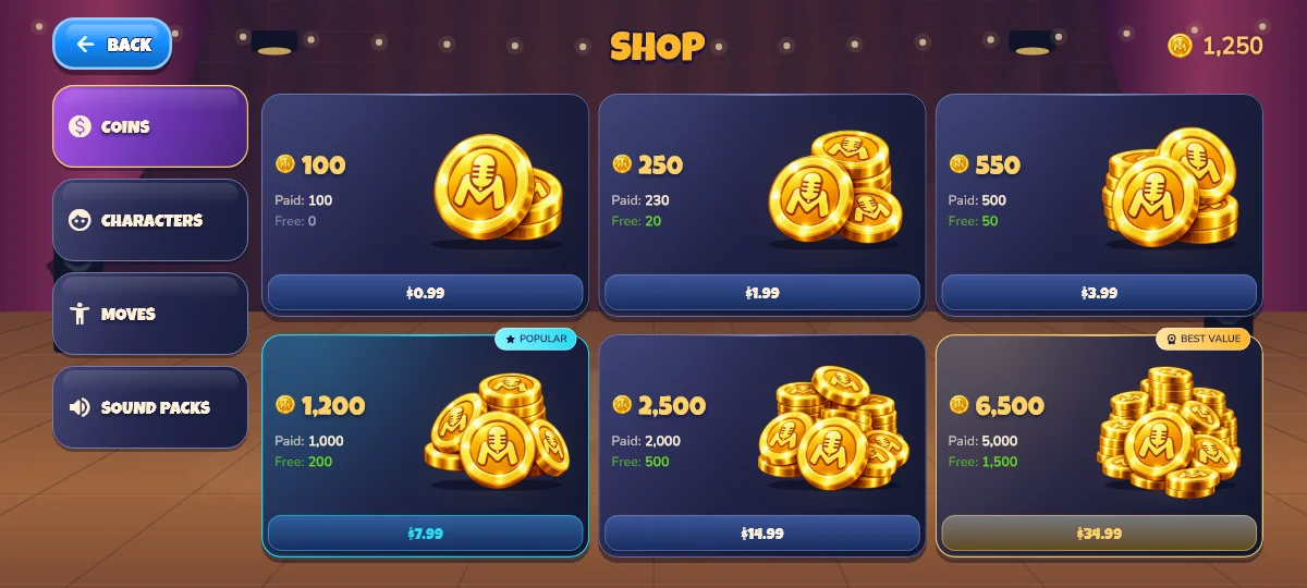 Flutter preview of the shop’s Coins section with six Coin bundles.